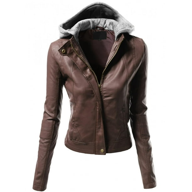Women Leather Jackets Casual Hooded Long Sleeve Double Zip Jacket Coat Outwear Leather kouye Brand
